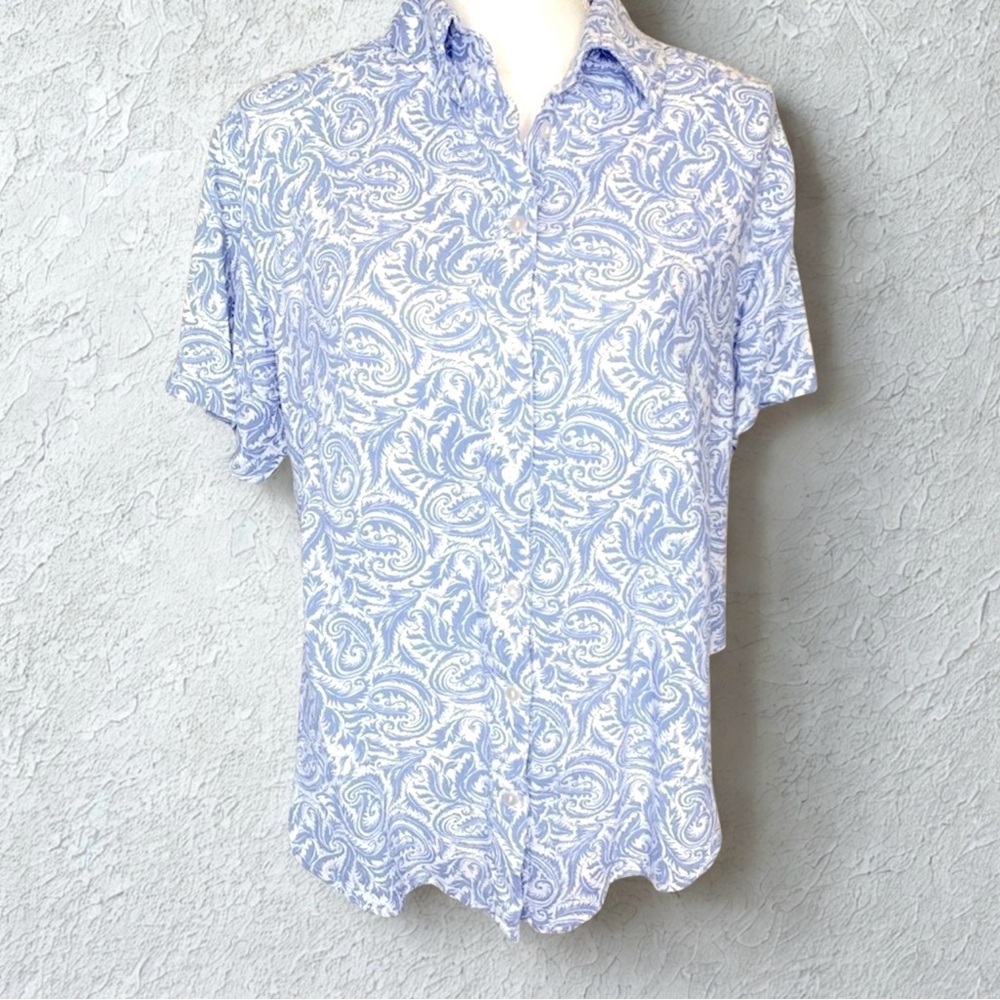 Japna Short Sleeve Button Down Shirt Blue White Floral Women Small